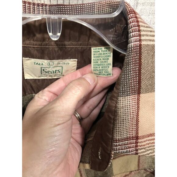 Sears Mens Vintage 80s/90s Button Front Shirt Brown Plaid Acrylic Tall L 16-16.5 - Picture 4 of 4